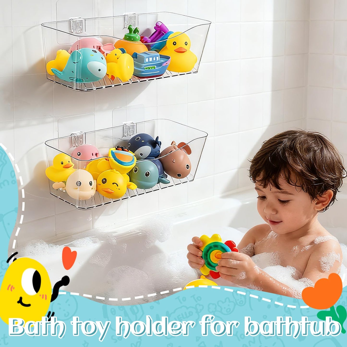MIUKAA 2 Pack Large Bath Toy Storage Organizer, Clear Bath Toy Holder for Bathtub, Plastic Shower Toy Holder, Fast drainage, No Drilling Required, Easy to Install