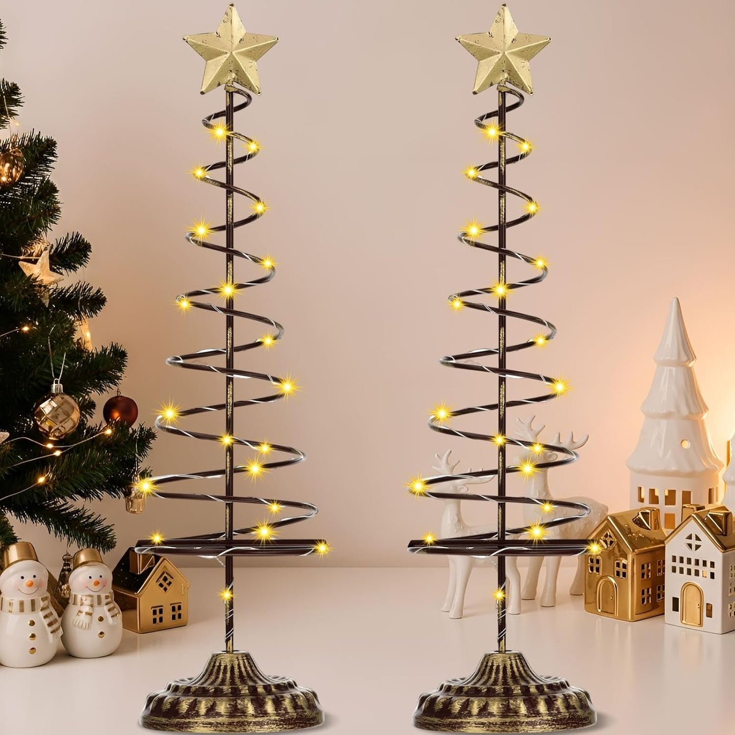 Skiennix Lighted Christmas Tree Table Decoration - Set of 2 Prelit Mini Trees with Golden Star | Battery Operated, Gold