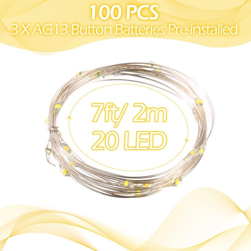 Hortsun 100 Packs Fairy Lights Battery Operated 3 Speed Modes, 7 Ft/ 2 M 20 LED Battery String Mini Waterproof Wire Twinkle Lights Bulk for Wedding Party Birthday Vases Decor (Warm White)
