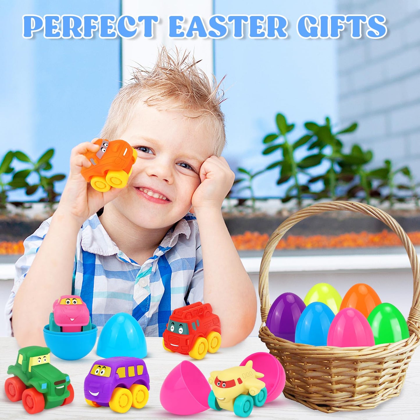 Prefilled Easter Eggs with Toy Cars: 12Pcs Filled Easter Eggs with Soft Rubber Car Toys, Easter Basket Stuffers for Baby Toddlers Kids Bath Toys Vehicles, Easter Eggs Fillers Hunts Party Favors Gifts