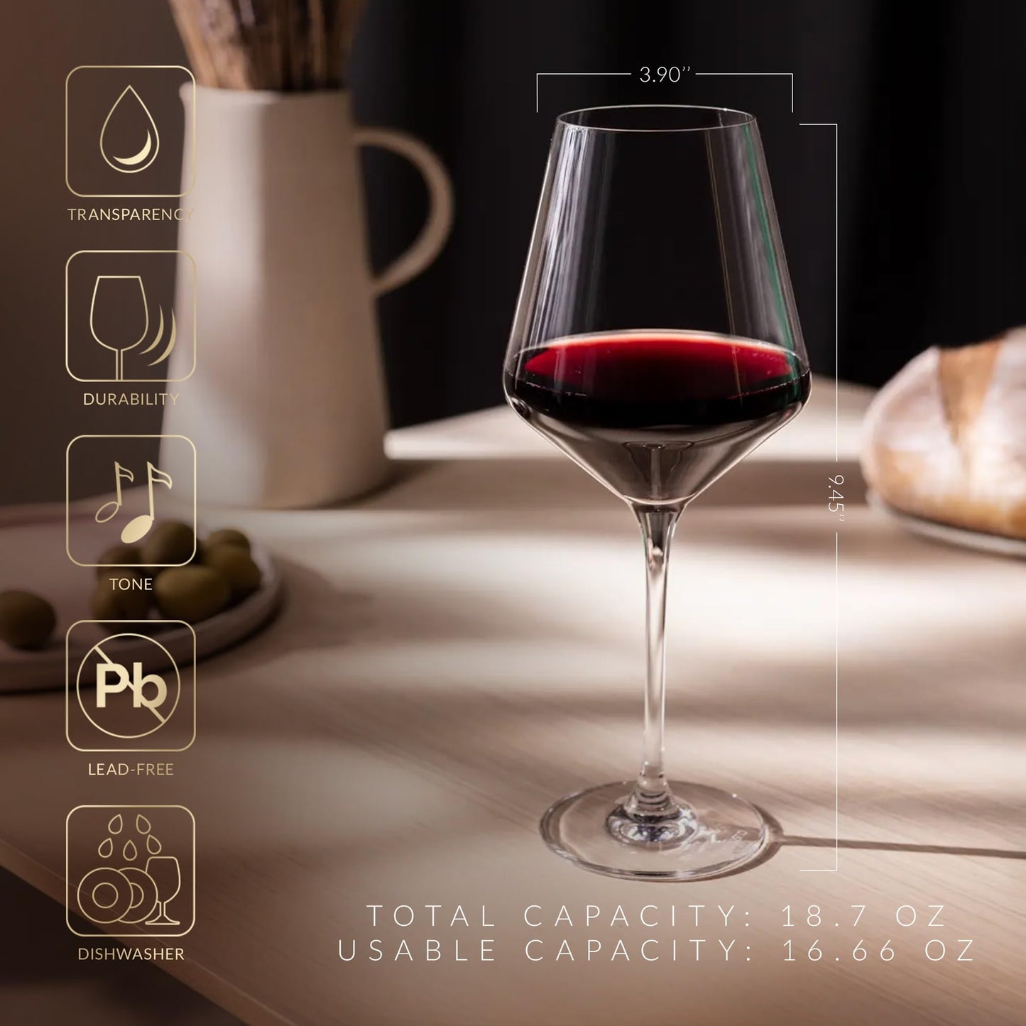 Krosno Classic Red Wine Glasses Set of 6 pieces, 16.6 oz, Avant-Garde Collection, Crystal Glass Thin Rim Long Stem Unique Elegant Premium, Dishwasher Safe, Made in Europe