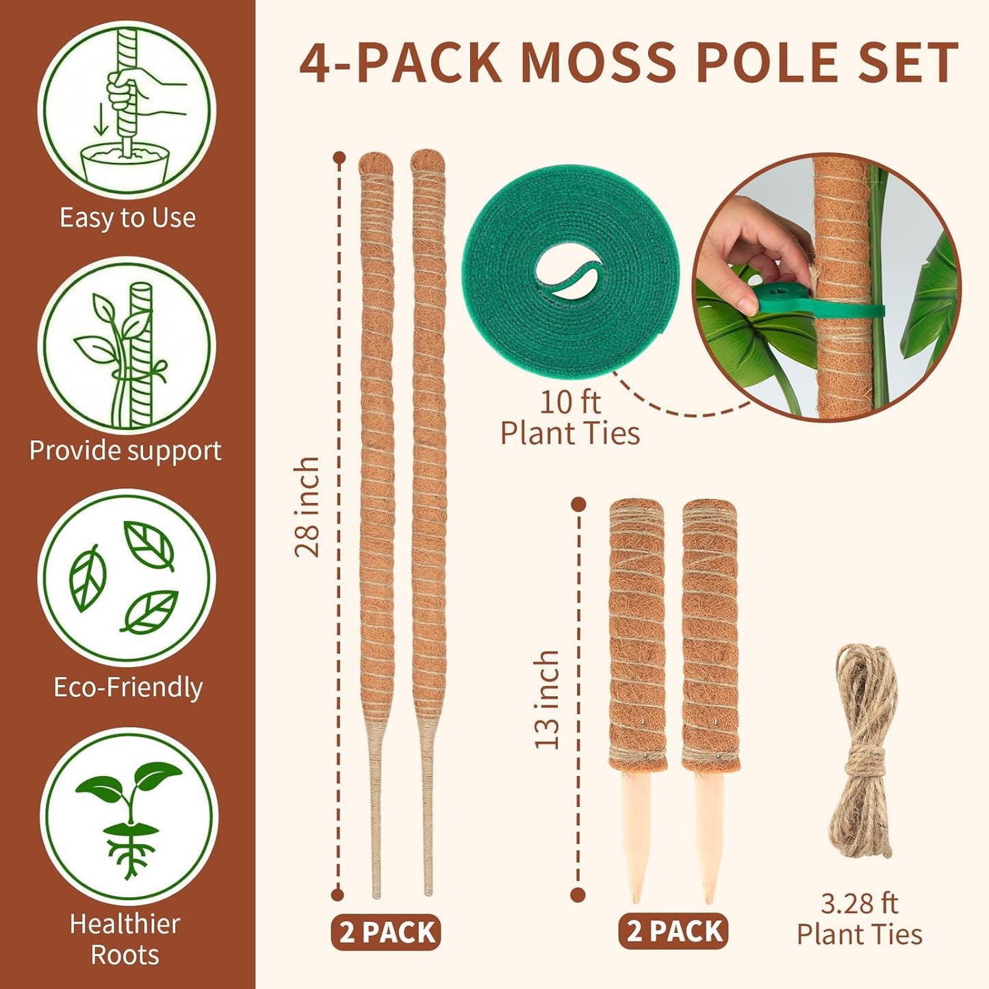 Skiennix Moss Pole Monstera Plant Support - Two 28" Bendable & Two 12" Stackable Coir Poles | Indoor Trellis Accessories