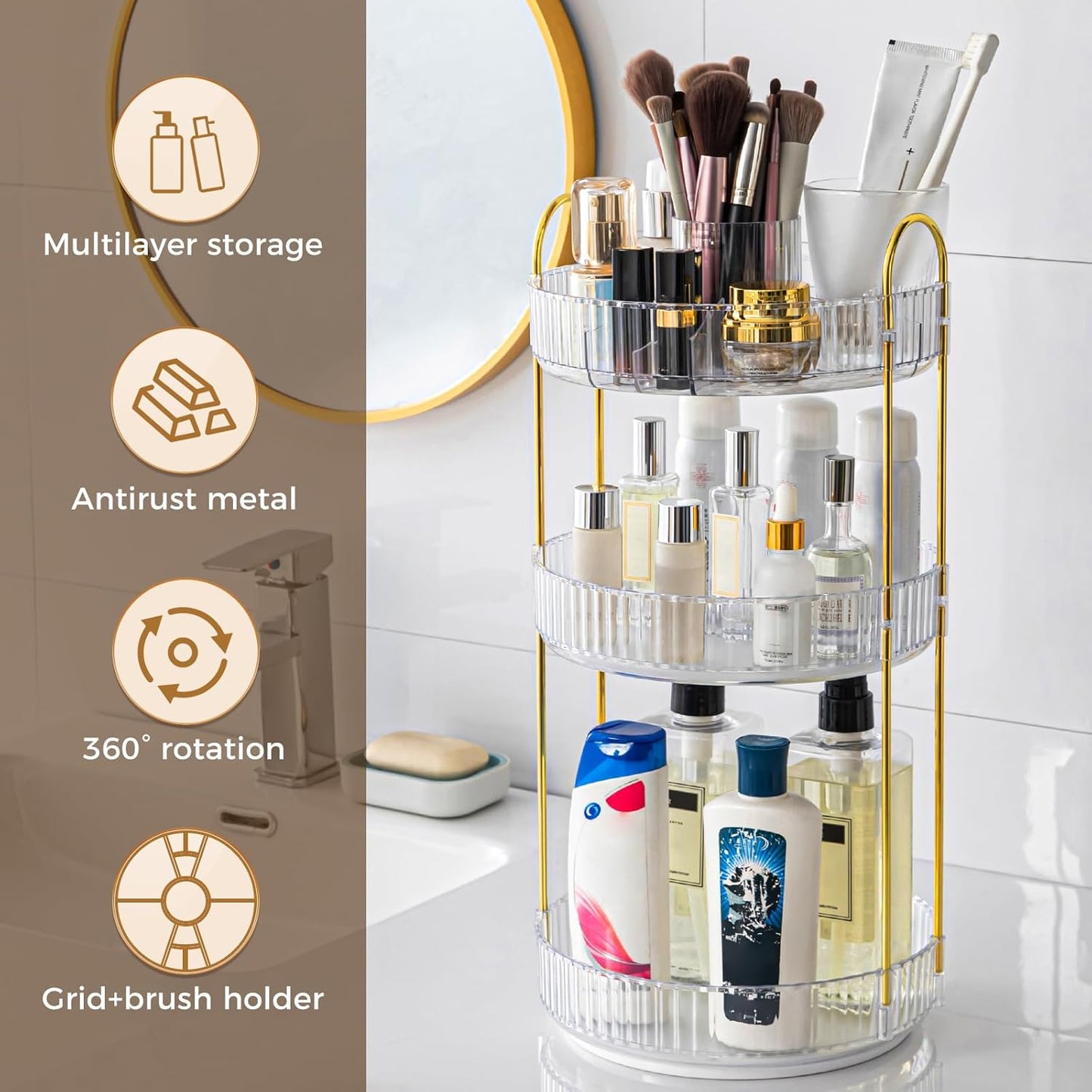 Skiennix 360° Rotating Makeup Organizer - Upgraded 3 Tier Skincare & Perfume Storage | Clear Cosmetic Dresser with Brush Holder