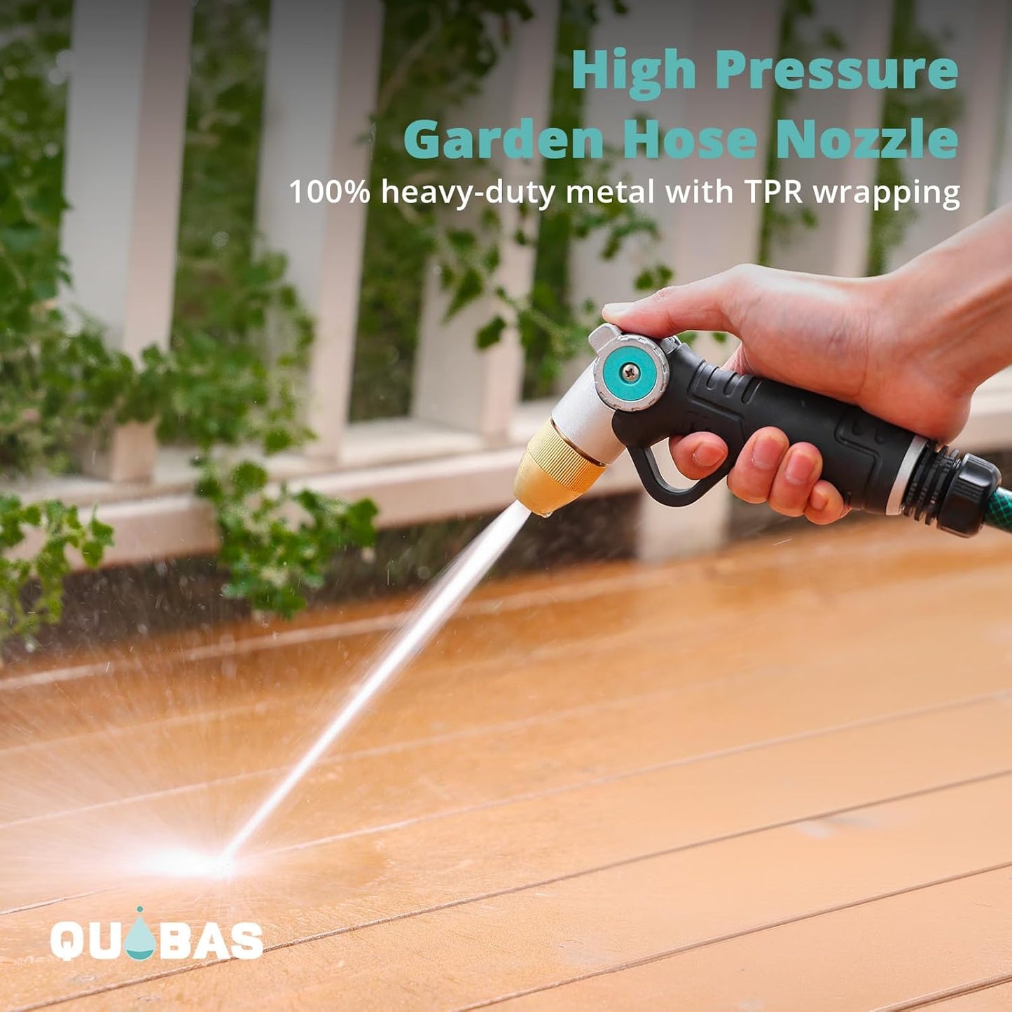 QUOBAS Heavy Duty Metal Garden Hose Nozzle - High Pressure 3 Patterns with Thumb Control | Ideal for Car Wash & Patio Cleaning