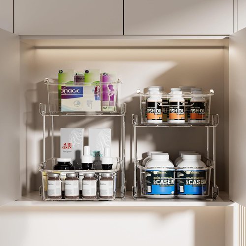 Delamu 2-Tier Under Sink Organizer - Multi-Purpose Stackable Bathroom & Kitchen Storage | 2 Pack, Clear