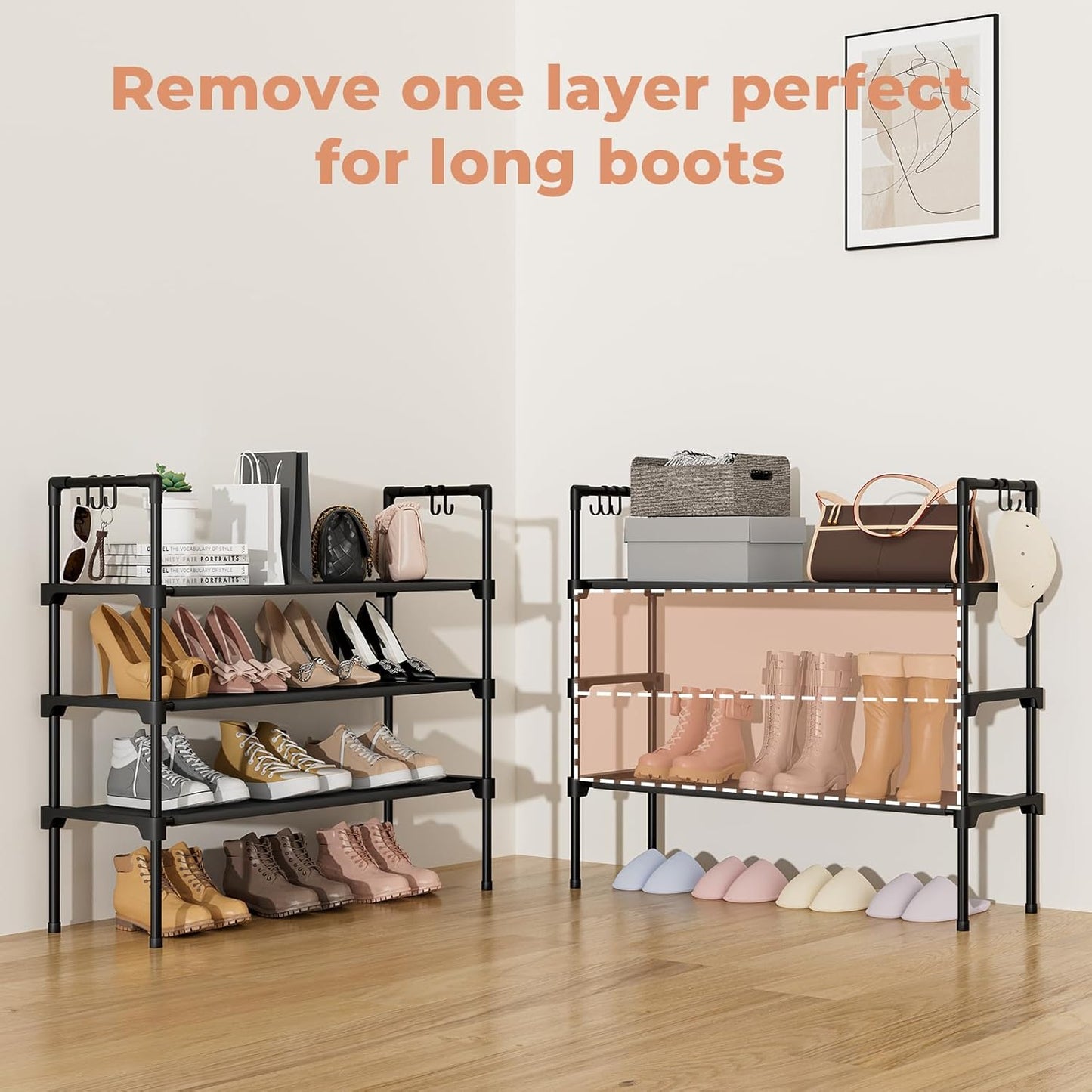 LANTEFUL 3-Tier Shoe Rack - Stackable Shoe Organizer with 5 Hooks for Entryway & Small Spaces