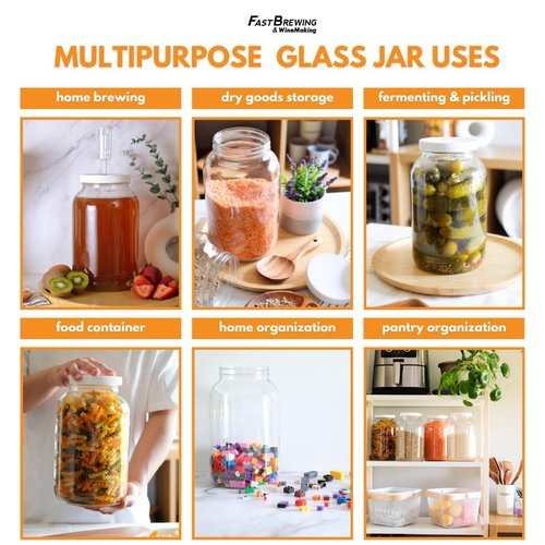 FastRack 1 Gallon Mason Jar with White Airtight Lid (Pack of 4) | Regular Glass Canisters with Airtight Lids | Large Mouth Glass Jar for Food Storage, Canning, Fermentation, Pickling