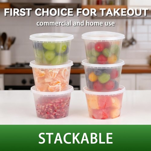 Fresh container 50set - 16oz Plastic Deli Container with lids, Airtight, for Slime, Soup, Meal Prep, BPA Free, Stackable, Leak Resistant, Microwave/Freezer Safe