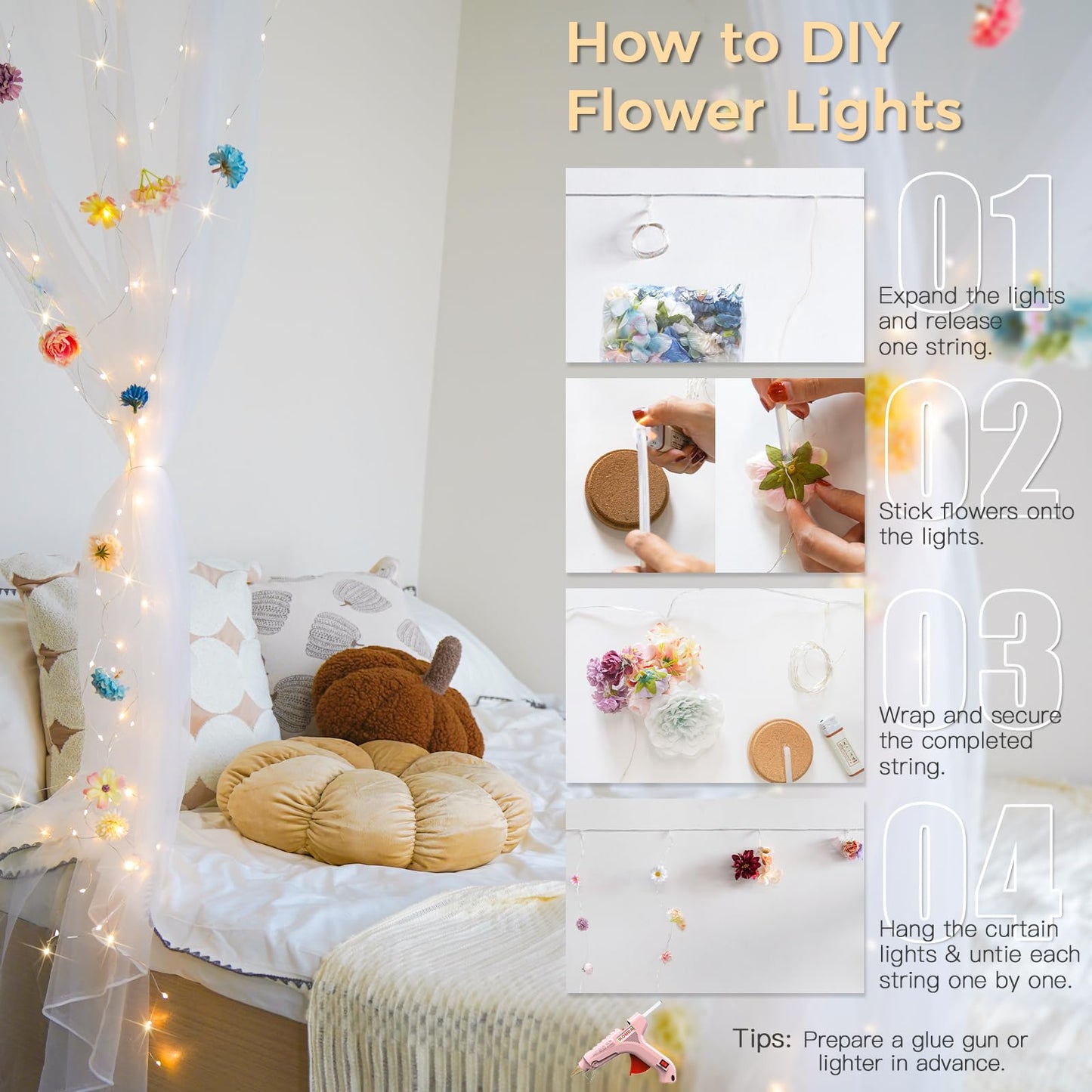 suddus DIY Curtain Lights Kit - 200 LED Fairy String Lights with 3D Butterflies & Silk Flowers, Remote Control 8 Modes USB Powered for Bedroom Wall to Wedding Backdrop (6.5x6.5ft Warm White)