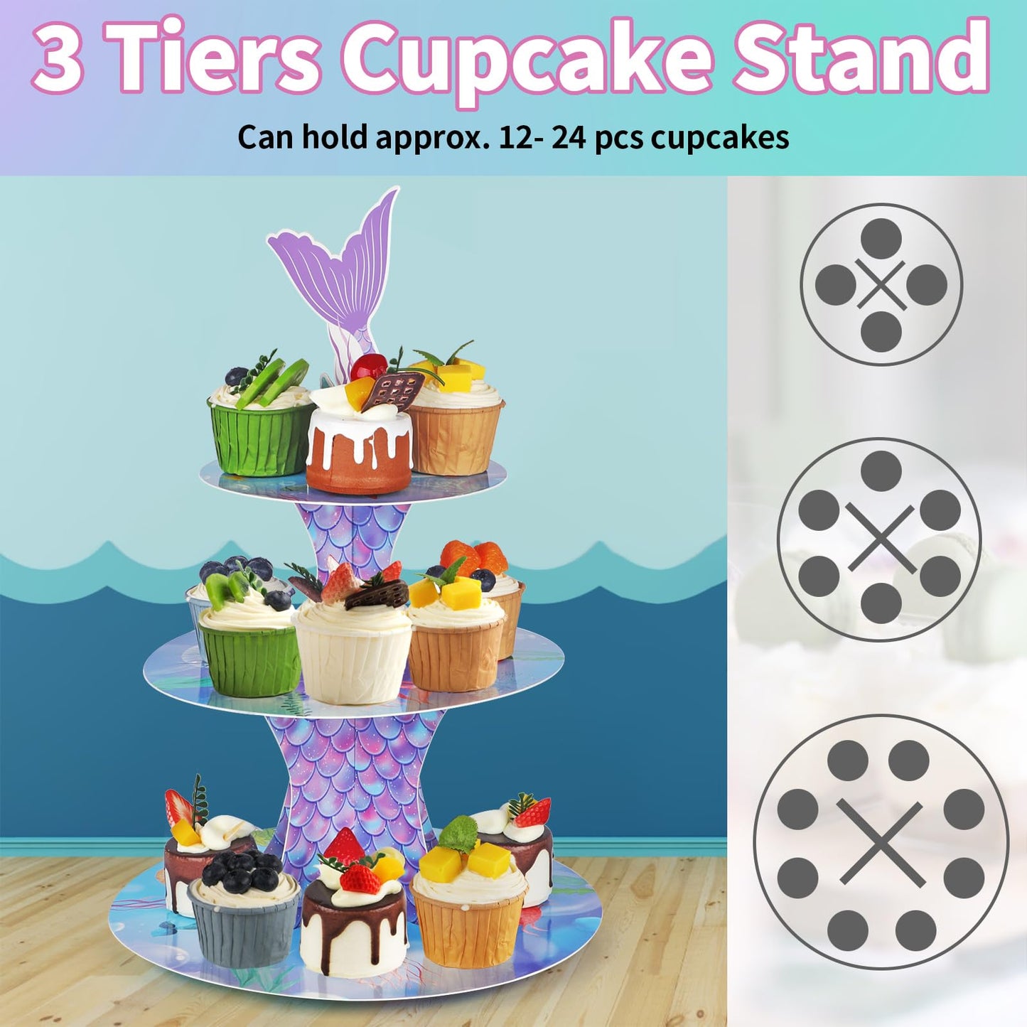 WINKIO Mermaid Cupcake Stand, Little Mermaid Birthday Party Decorations Supplies Favor Under the Sea Theme Cupcake Tower Holder for Girls Kids(1 Pack)
