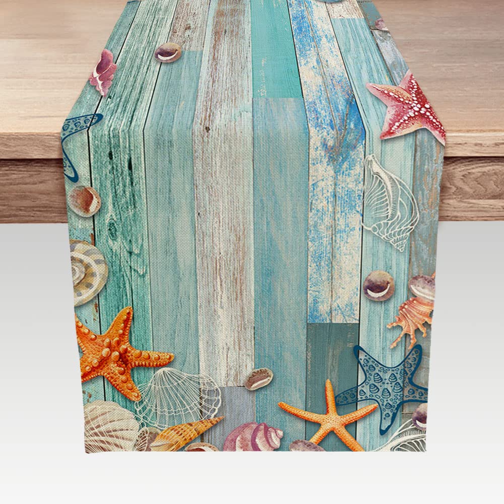 Beach Table Runner, Summer Ocean Beach Seashell Starfish Table Runner for Kitchen, Coastal Nautical Linen Non-Slip Dining Table Runners for Family Dinner/Wedding/Outdoor Indoor Party