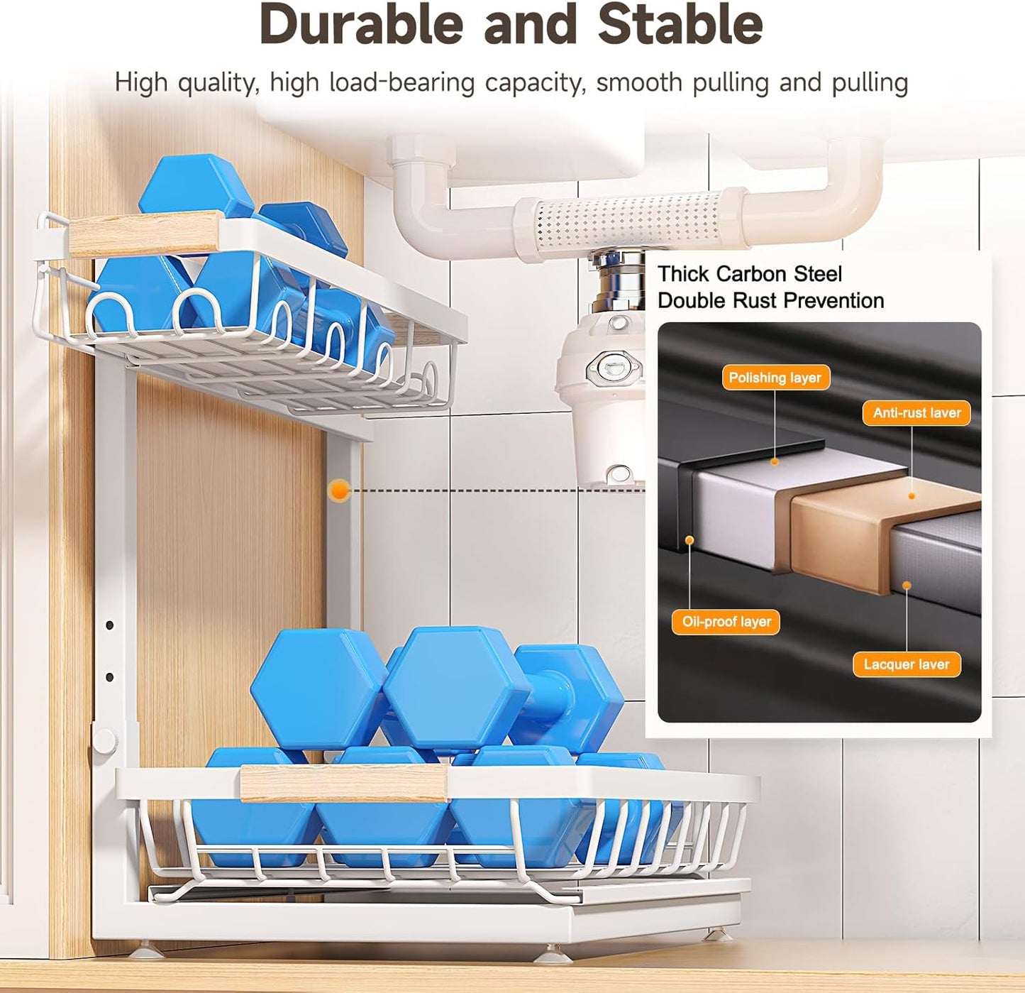 Sevenblue Under Sink Organizer - Height Adjustable 3-Tier Storage Shelf for Kitchen & Bathroom (White, Large)