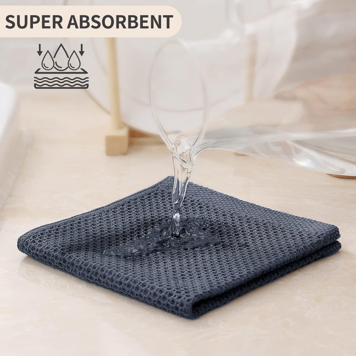 Kitinjoy 100% Cotton Kitchen Dish Cloths (12 X 12 Inches, Dark Grey), 6 Pack Waffle Weave Ultra Soft Absorbent Dish Towels for Drying Dishes Quick Drying Kitchen Towels Dish Rags