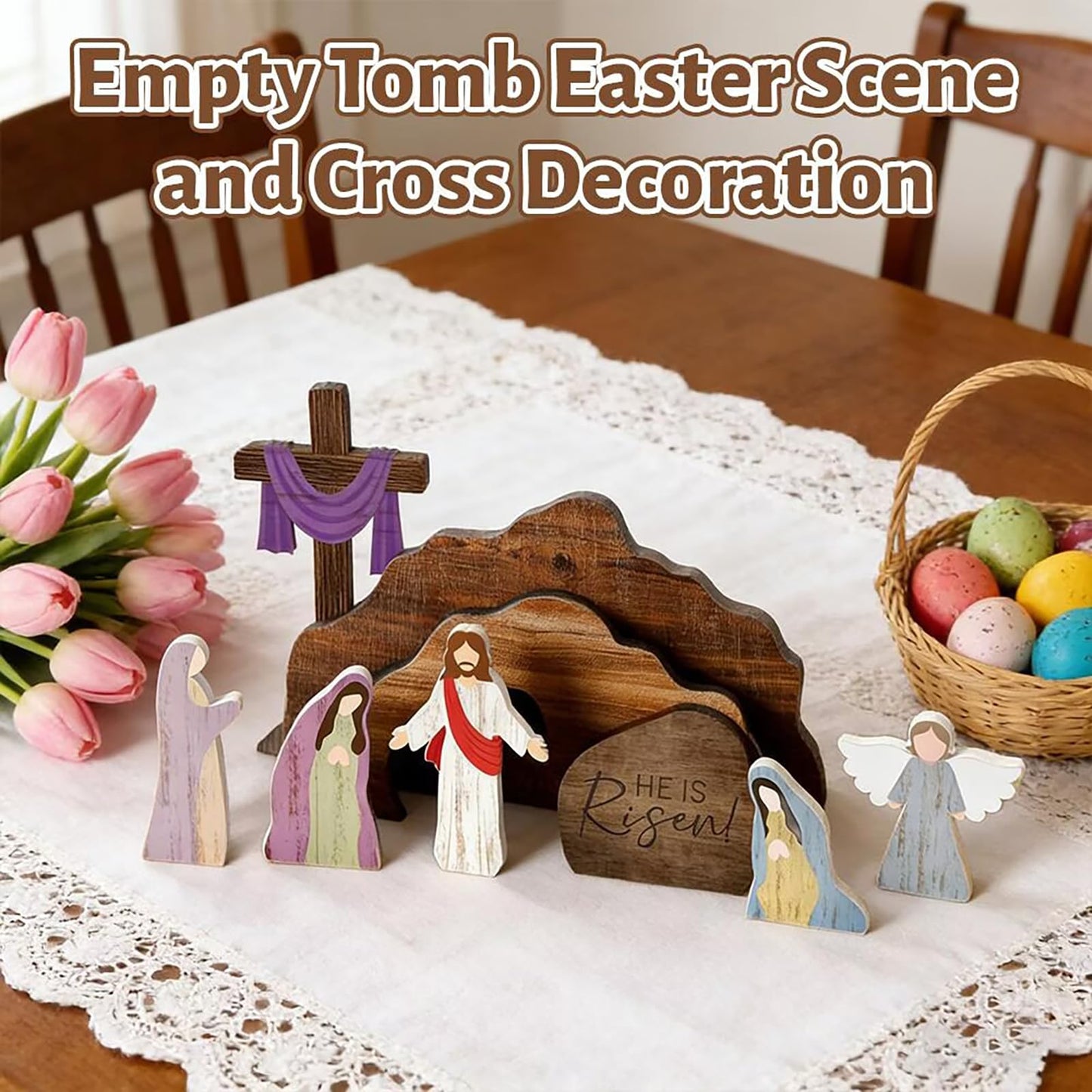 ZOUNYIN Empty Tomb Easter Scene Cross Decoration, Wooden Resurrection Tabletop Decor Set for Religious Home, Office, Shelf & Farmhouse Display