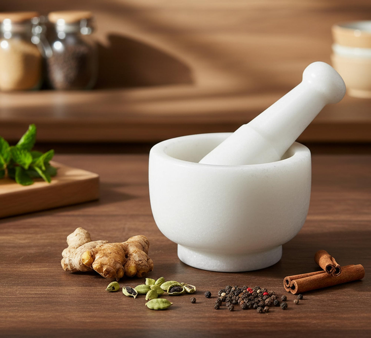 KLEO 5” Natural Stone Mortar and Pestle Set – Heavy Duty Spice & Herb Grinder, Guacamole Masher,Non-Porous, Odor Resistant – Garlic Crusher, Seed Grinder, Kitchen Tools(White)