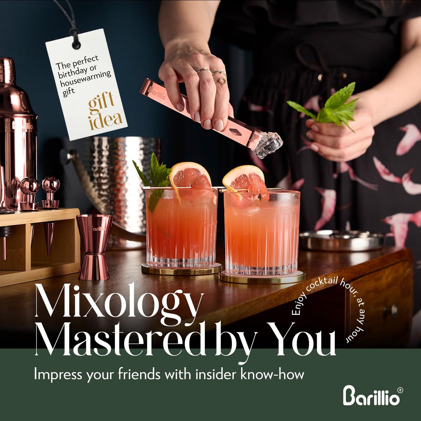 Barillio Rose Gold Bartender Kit - Stainless-Steel Cocktail Shaker Set w/Bamboo Stand - Mixology Bar Tools w/Drink Shaker, Mixer and Muddler for Cocktails - Home Bar Accessories - 23-Pc Bar Set