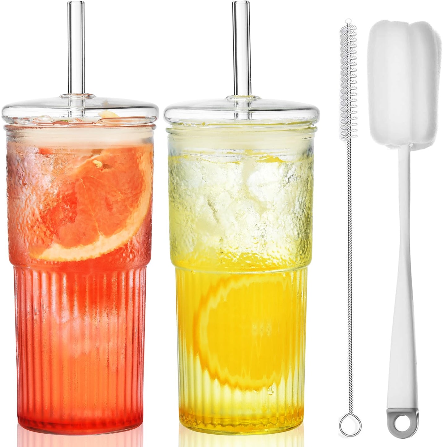 ALINK Glass Cups with Lids and Straws, 22 oz High Borosilicate Clear Iced Coffee Glass Tumblers, Drinking Glass Smoothie Tea Water Cups, Pack of 2 with Cleaning Brush