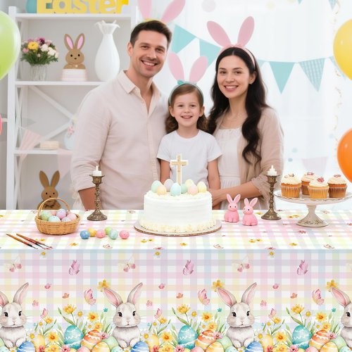 3 Pcs Easter Plastic Tablecloths, 108x54 inch Large Happy Easter Buuny Disposable Table Covers, Spring Flowers Rabbit Coloful Eggs Check Birthday Baby Shower Party Table Decorations Photo Booth Props