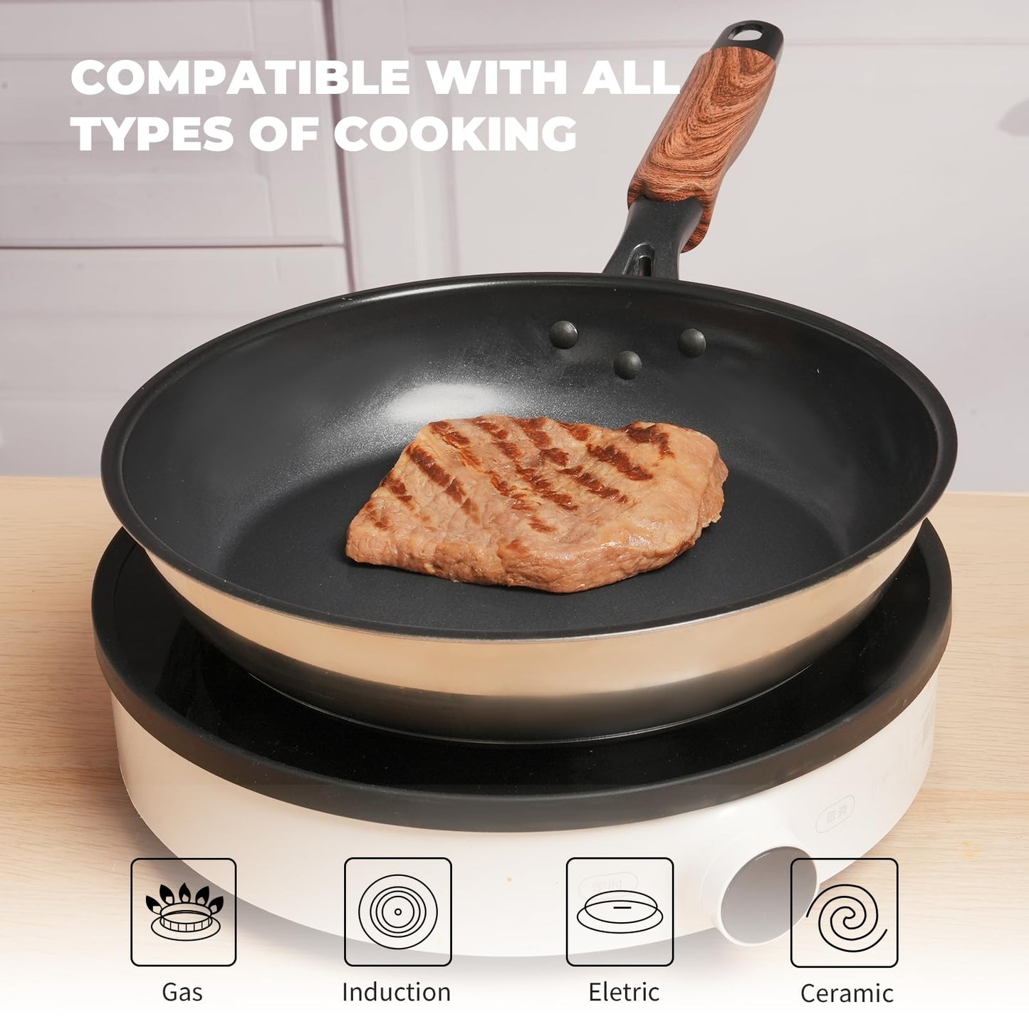 ZHANG XIAO QUAN SINCE 1628 Die-Cast Aluminum Nonstick Frying Pan 10 Inches with Non-Toxic Coating, Skillet with Bakelite Wood Grain Handle, Even Heating Cookware, PFOA/PFOS Free, Black