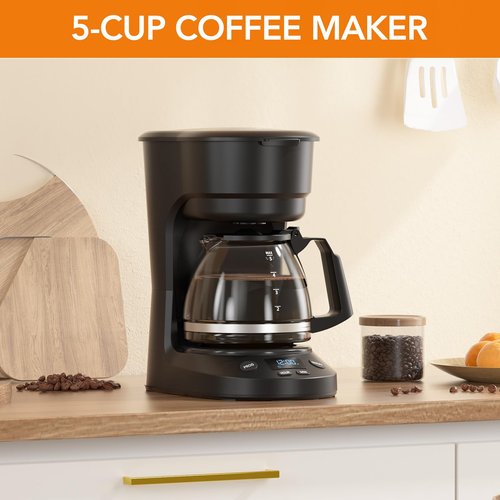 Electactic 5-Cup Programmable Drip Coffee Maker, a compact coffee machine with a digital clock and 24-hour programmable timer, featuring Auto Shut-Off, and a Removable Filter Basket for Home & Office.