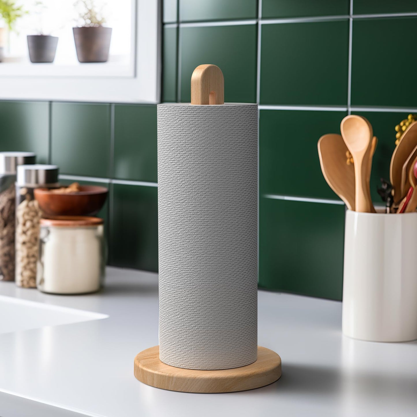 KitchLife Wooden Paper Towel Holder Countertop, Fits Jumbo Roll, Solid Freestanding Beech Wood Light Wood Paper Towel Dispenser Stand with Non-Slip Base