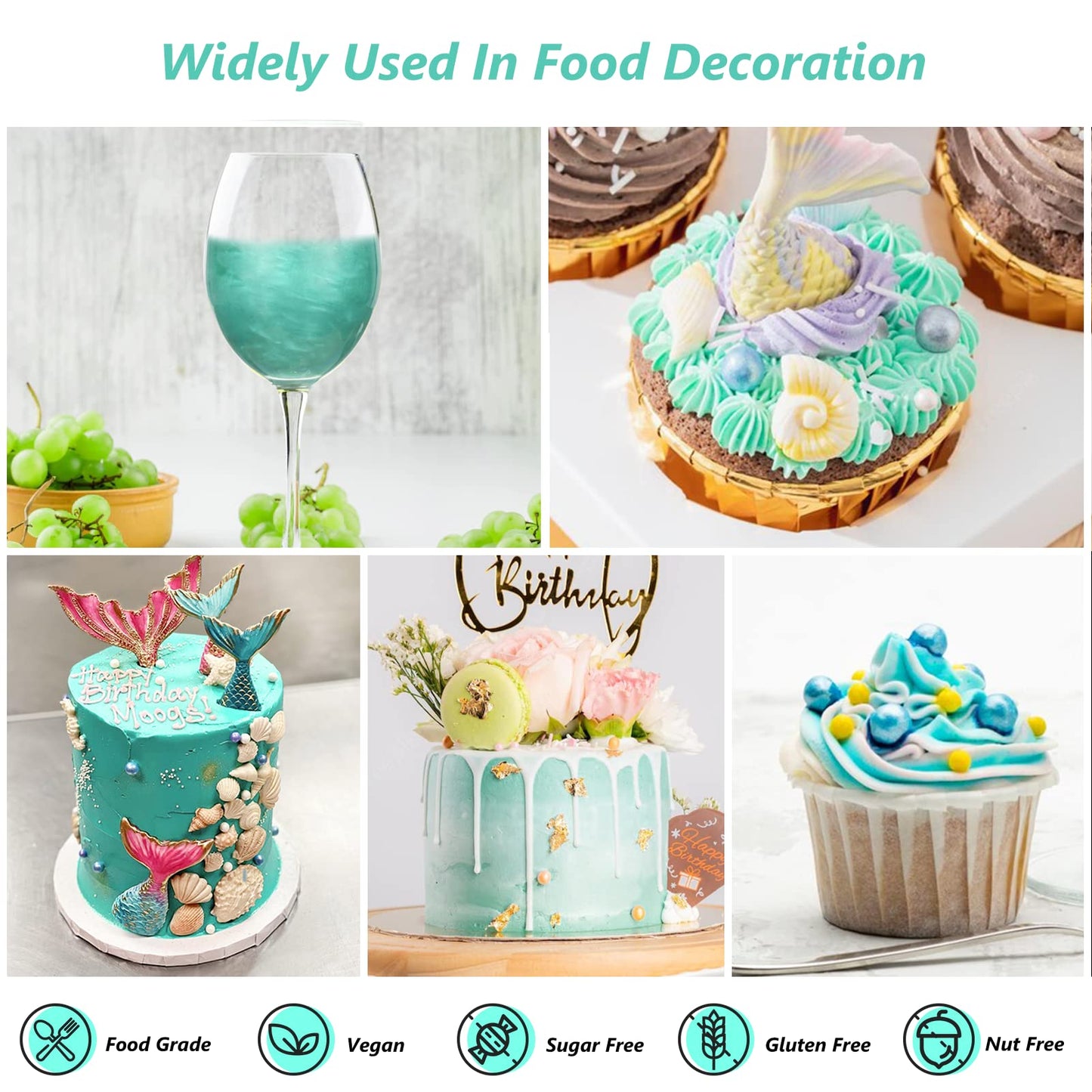 Teal Edible Luster Dust 10 Grams, Food Grade Cake Luster Dust Tasteless Dessert Dusting Powders for Baking Cherrysea Food Coloring Powder for Cupcakes, Cake Pops,Fondant,Chocolate, Candy