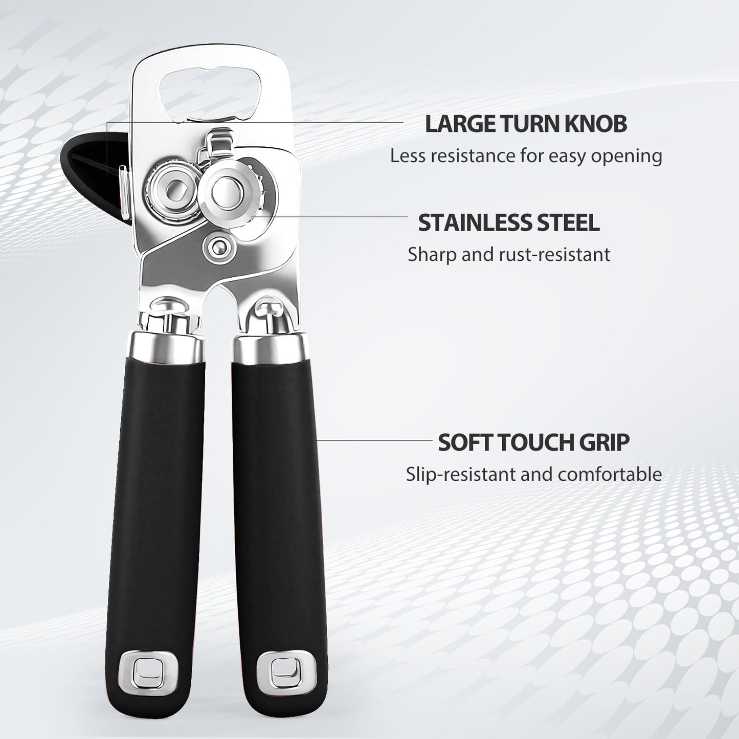 Safring Can Opener Manual, Heavy Duty Stainless Steel Smooth Edge Can Openers With Soft Touch Handle, Oversized Handheld Easy Turn Knob, Multi-Function Bottle Opener, Black
