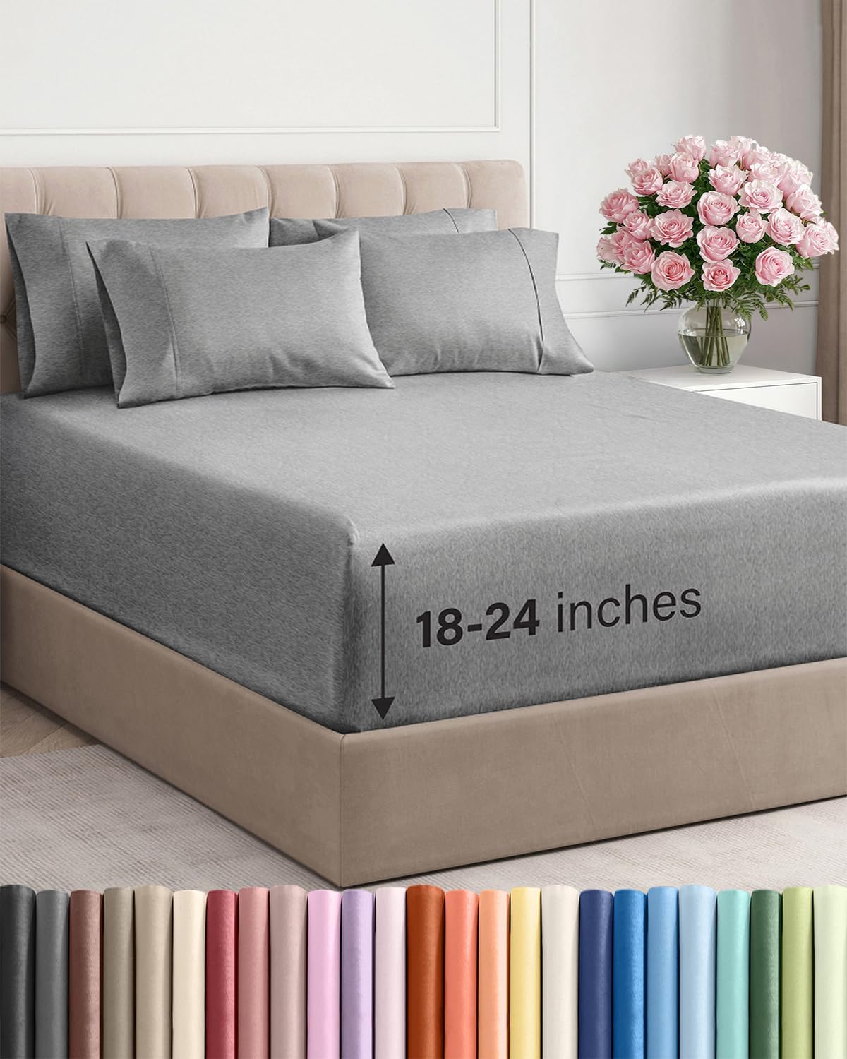 Skiennix Extra Deep Full Sheet Set - 6 Piece Breathable Cooling Bedding - Soft Wrinkle-Free Sheets in Heathered Grey
