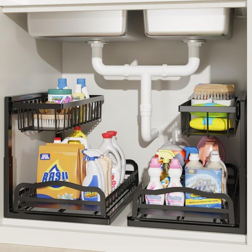 AceMining Under Sink Organizer - 2 Pack L-Shaped 2 Tier Cabinet Storage with Sliding Drawer | Adjustable Metal Design