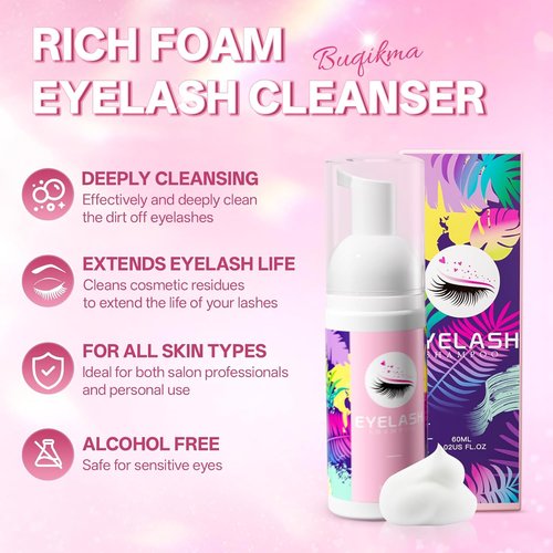 Buqikma Eyelash Shampoo - Gentle Cleanser Kit with Wash Brushes | 60ml for Salon & Home Care
