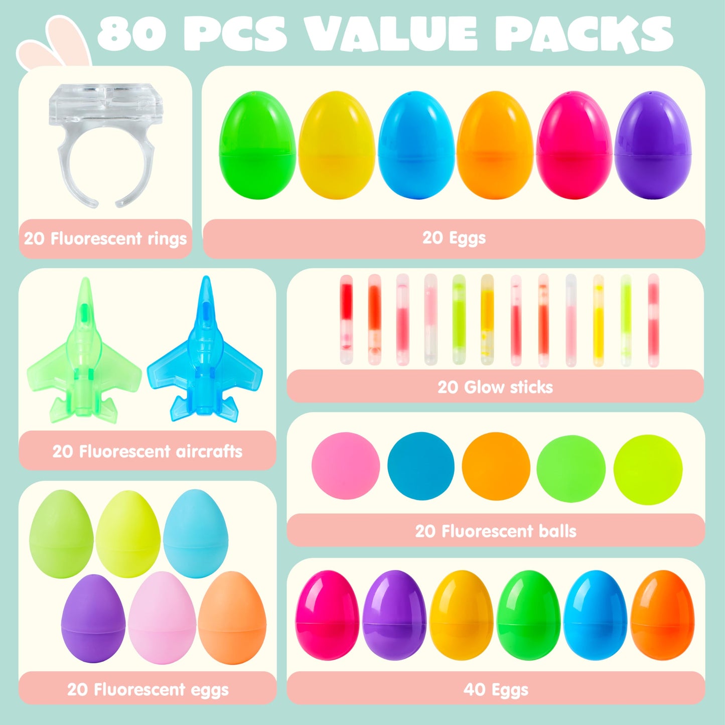 JOYIN 80 Pcs Easter Eggs with Glow Toys, 20 Mini Glow Sticks, 20 Rings, 20 Airplanes, 20 Balls, Glow-In-The-Dark Basket Stuffers for Kids, Filled Easter Egg Hunt, Class Prizes, Party Favors Supplies
