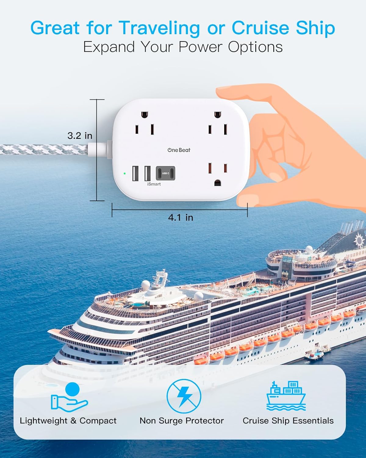 One Beat | Travel Power Strip with USB-C Ports - 3 Outlets & 4 USB Ports, 5 ft Extension Cord for Cruise & Dorm Room