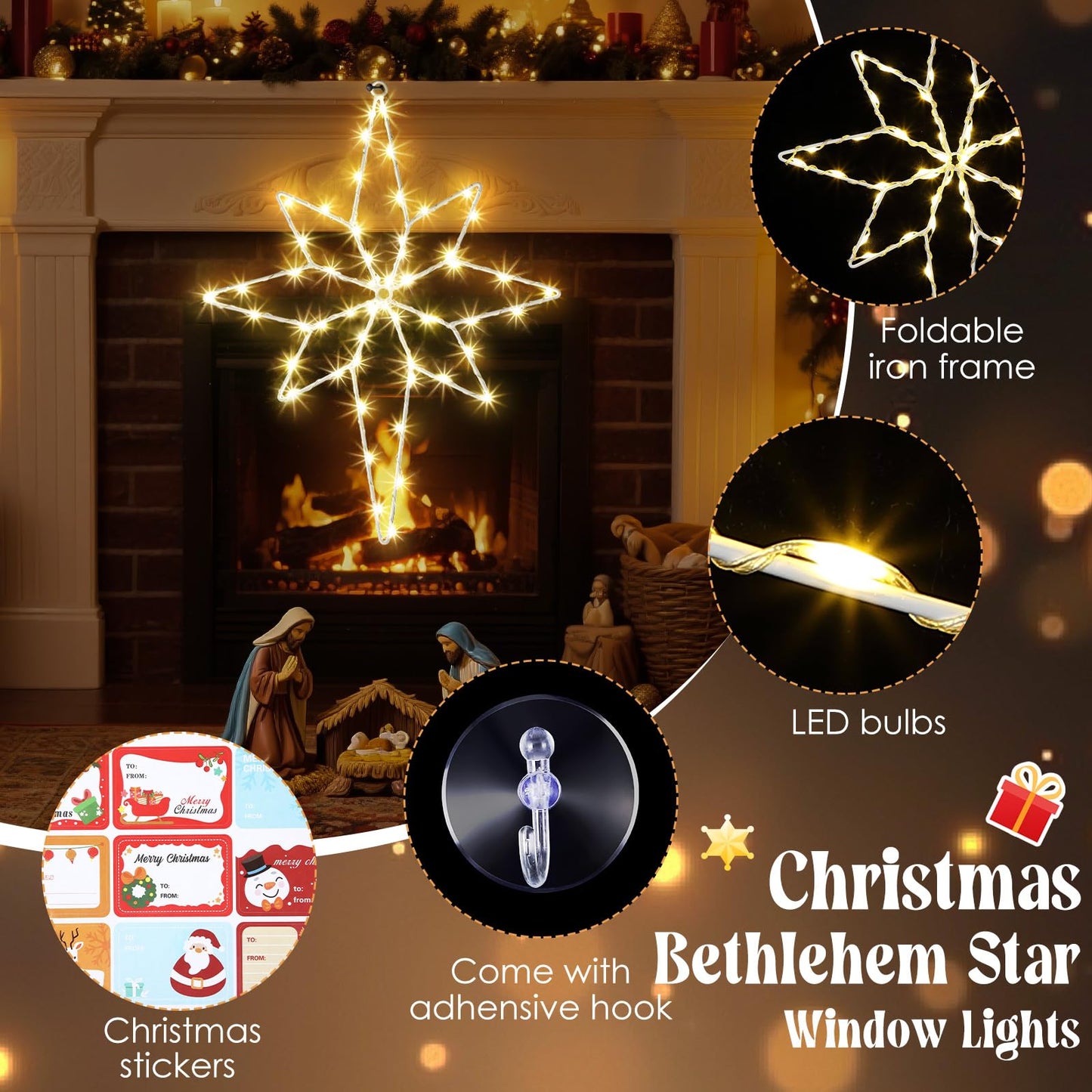 Hiboom Large 3 Pack Christmas Window Light Decorations, LED Bethlehem Christmas Star Window Silhouette Lights with Timer, 8 Models, Iron Frame, Battery Operated Lighted Xmas Star Decors(16 Inch)