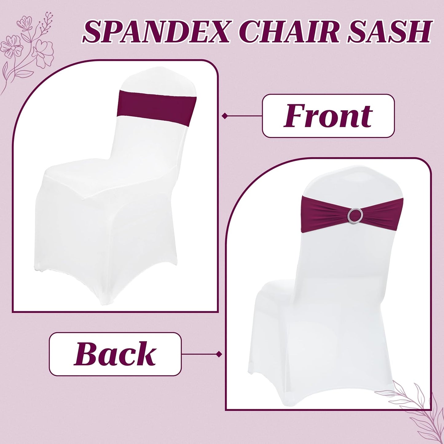MDS Spandex Chair Sashes - Pack of 150 Elastic Stretch Bows with Buckle Slider for Wedding Decor - Eggplant