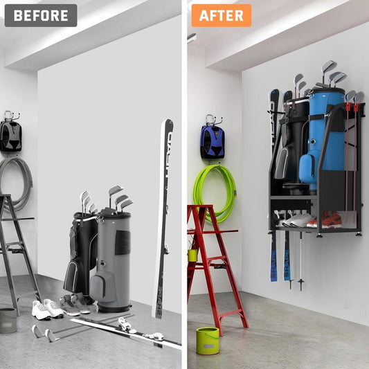 WALMANN Wall Mount Golf Bag Organizer, 2 Golf Bags Stand Golfing Equipment and Accessories Storage Rack for Garage(Black)