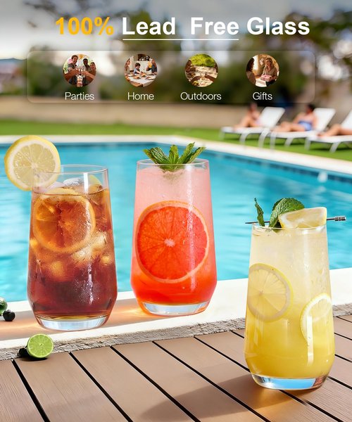 16.2oz Drinking Glasses Set of 8, Tall Water Highball Glasses, Unique Design Lead-Free Crystal Glassware, Glass Cups for Mojito and Mixed Drink Cocktail Glass Set