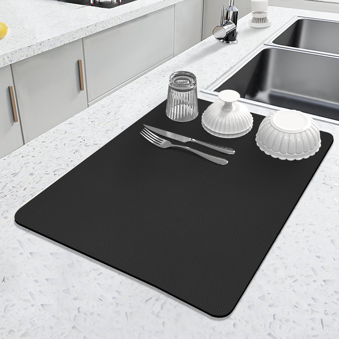 LOPNUR Dish Drying Mat - Super Absorbent Diatomite Kitchen Counter Pad | 18"x16" Black, Heat Resistant