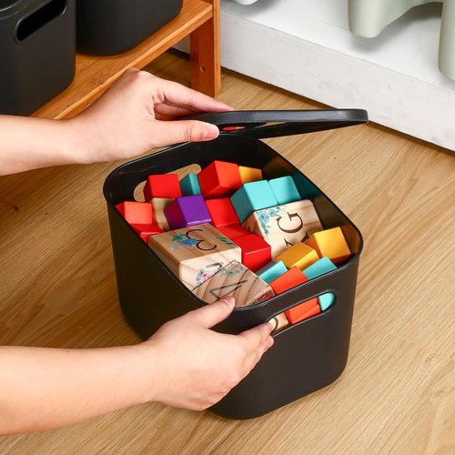 Hoolerry Colorful Storage Bins - 8-Piece Stackable Plastic Organizing Containers with Lids | Black (9.8 x 7.1 x 6.3 Inch)