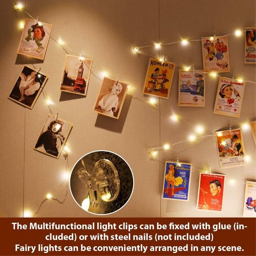 HXWEIYE Fairy Lights - 33Ft Warm White Photo Clips String Light with Timer & 8 Modes | 100 LEDs, 52 Clips, 12 Hooks
