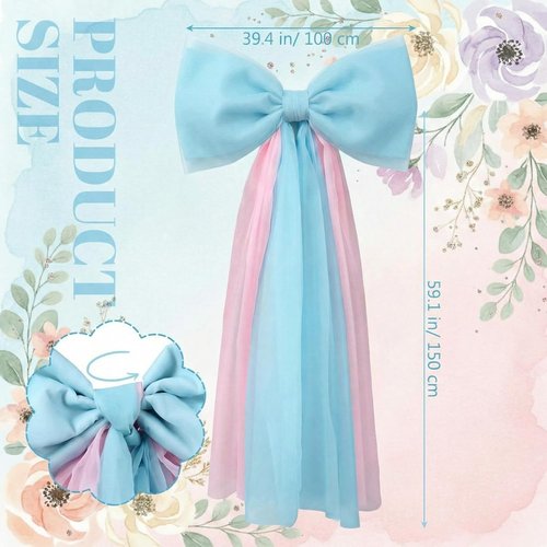 Canlierr Extra Large Organza Bow Decorations - Giant Pink & Blue Tulle Bow with Long Ribbon Tails | 39 x 59 Inch for Weddings & Parties