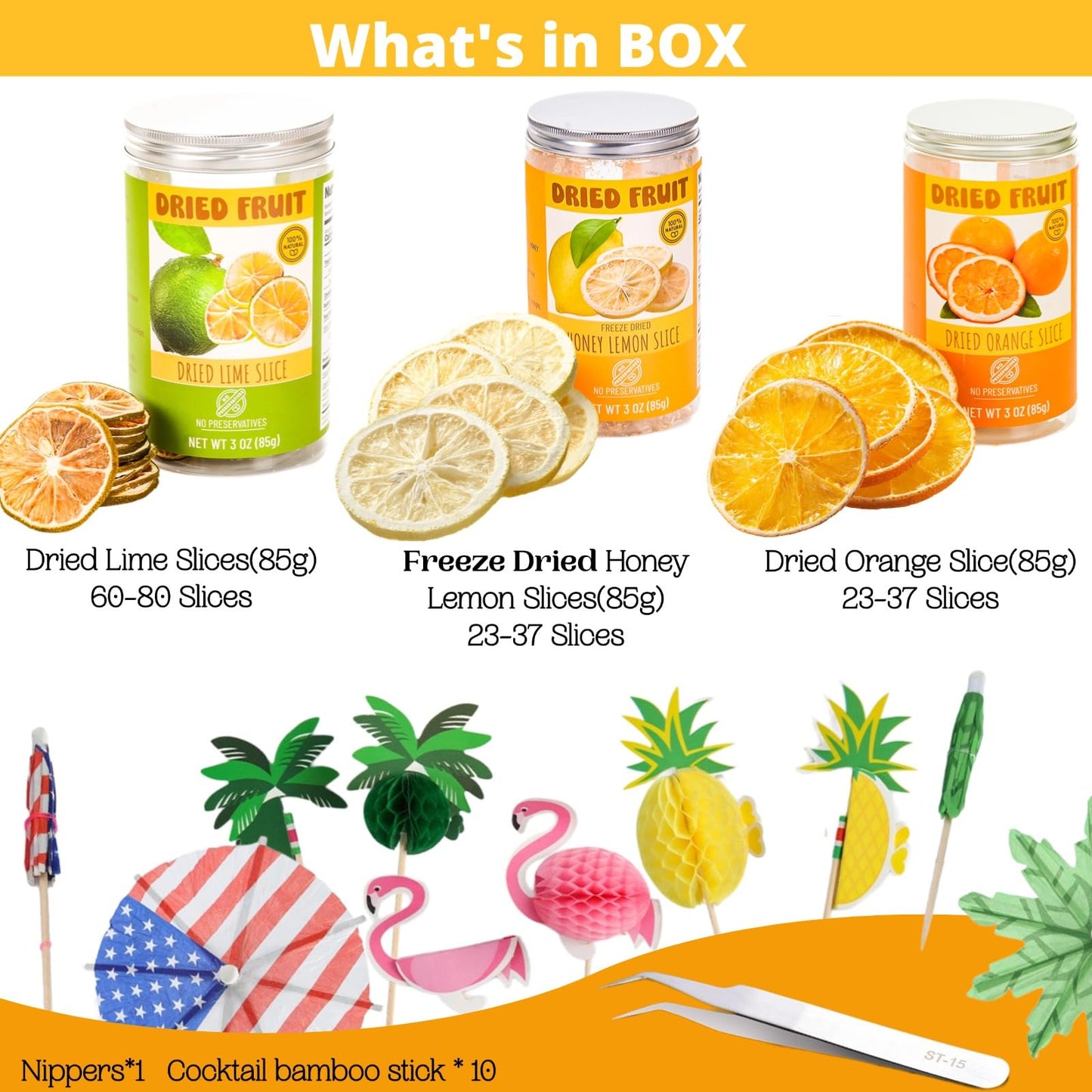 125+ Slices 9oz Dehydrated Fruit Cocktail Garnish Set, Dreid Orange & Lime, Freeze Dried Honey Lemon, 10 Pcs Drink Umbrellas Picks. Decor For Christmas Baking Party Diy