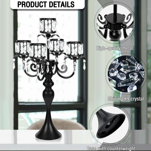 Crystal Candle Holder by [Brand Name] - 5-Arm Black Metal Design | 22-Inch Tall Wedding Centerpiece