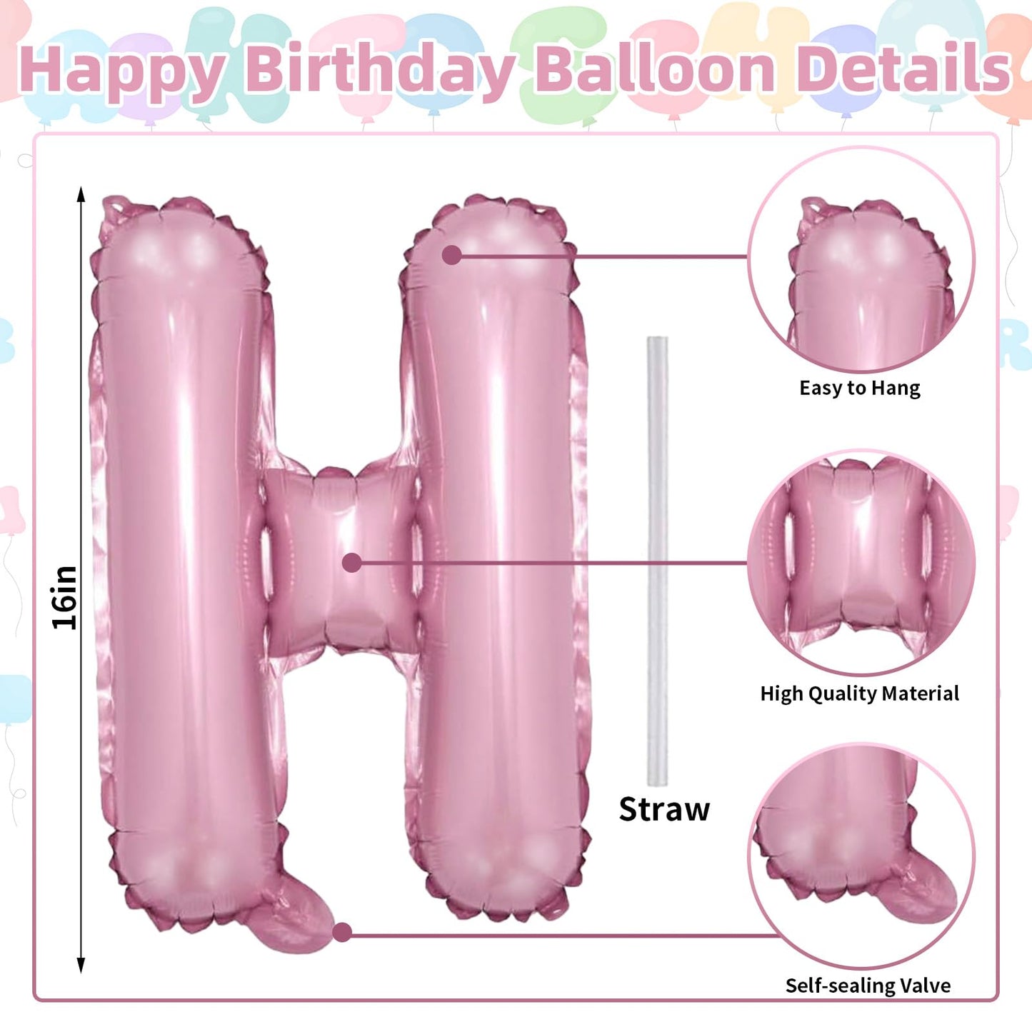 Pink Happy Birthday Balloon Banner, 16 Inch Pastel Pearl Baby Pink Self Inflating Happy Birthday Mylar Foil Balloon, Birthday Bunting Banner Letter Balloons for Girls Women Birthday Party Decorations