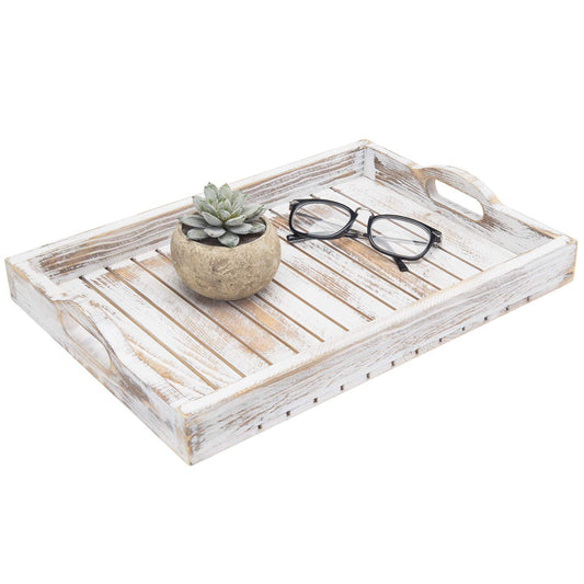 MyGift Shabby Chic Whitewashed Wood Breakfast Serving Tray with Cutout Handles with Slatted Design, Breakfast Ottoman Coffee Table Tray, 16 x 11 Inches