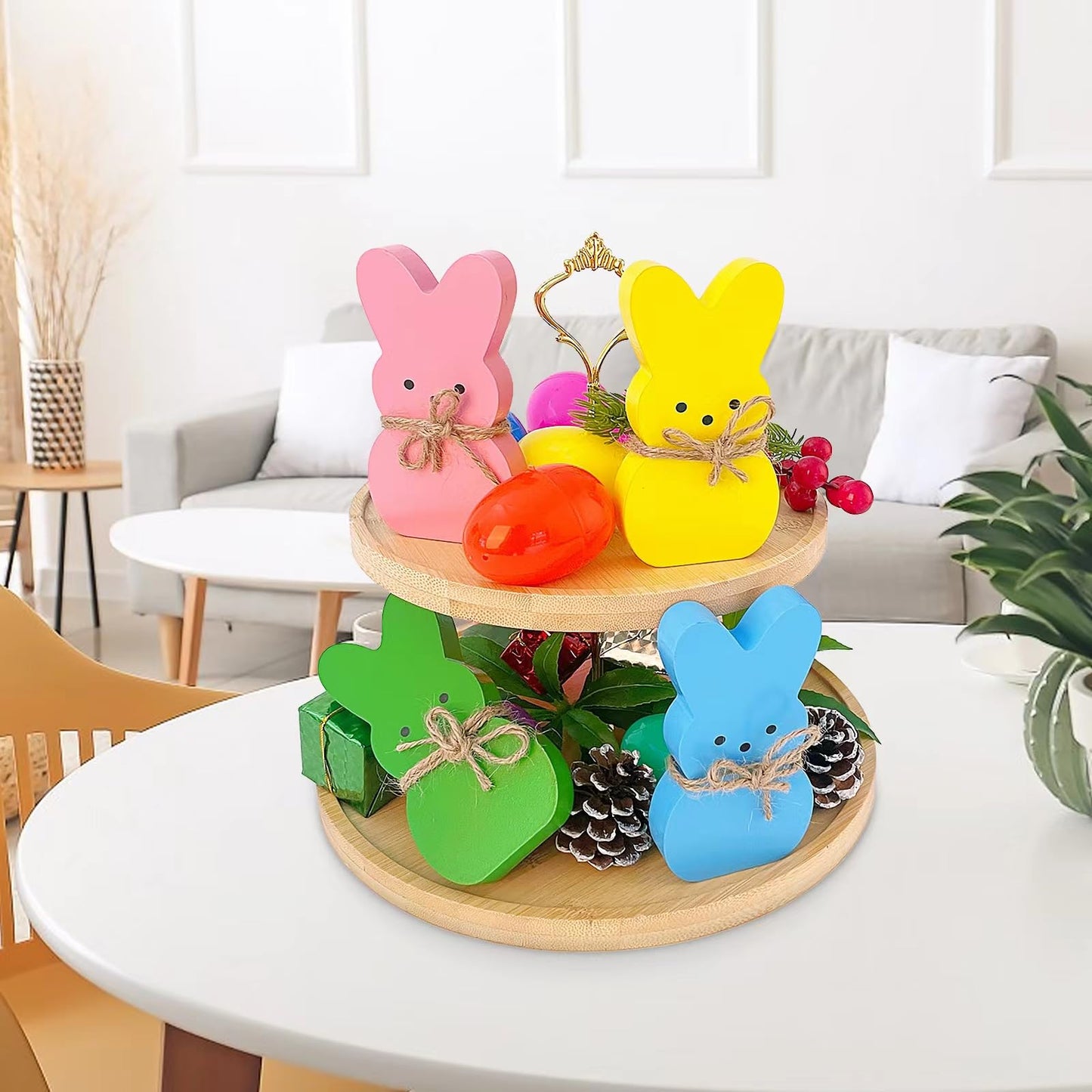 Babycop Easter Décor, 4 Pcs Bunny Table Decorations Wooden Spring Signs for Home, Wood Rabbit Tiered Tray/Mantal Décor for Farmhouse or Office Party Supplies