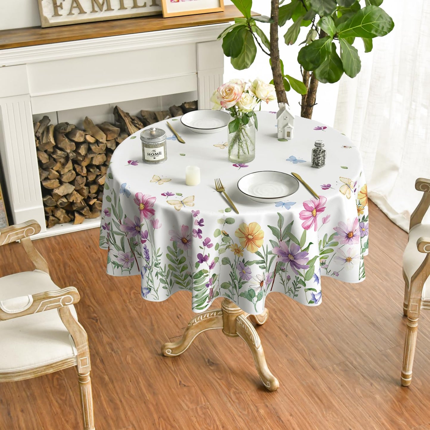 Horaldaily Spring Tablecloth 70×70 Inch Round, Wildflowers Floral Butterfly Washable Table Cover for Party Picnic Dinner Decor