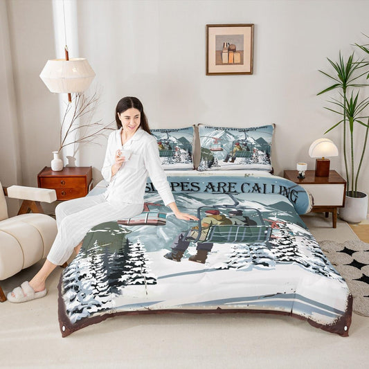 Ski Comforter Set Queen Size Vintage Snow Mountain Ski View Bedding Set 3Pcs Kids Boys Girls Adult Room Decor Winter Outdoor Extreme Sports Quilt Set Skiing Skier Duvet Insert,2 Pillowcases…