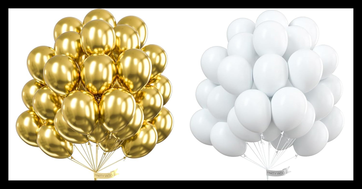 PartyWoo Metallic Gold & White Balloons - 100 Pcs for Stunning Celebrations
