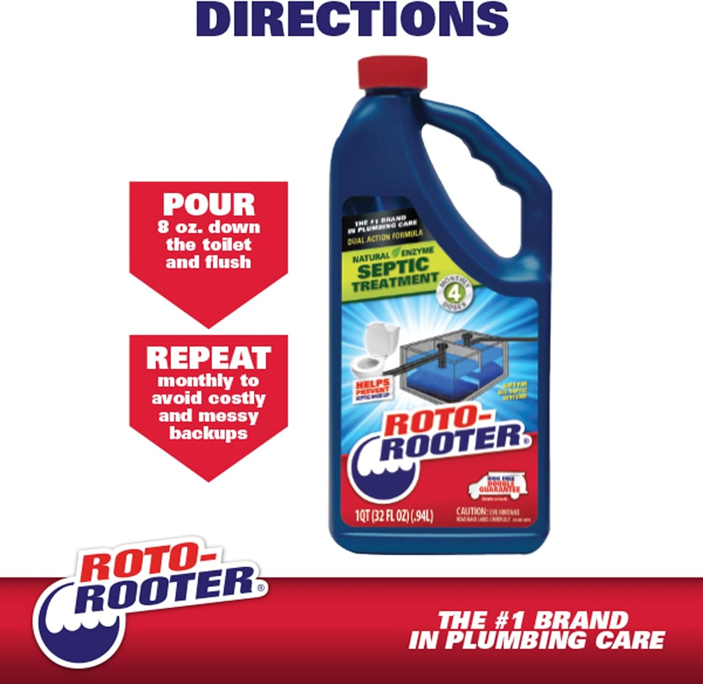 Roto-Rooter Dual Action Septic Treatment - Natural Enzymes for Odor Removal & Buildup Prevention | 64 oz Bottle