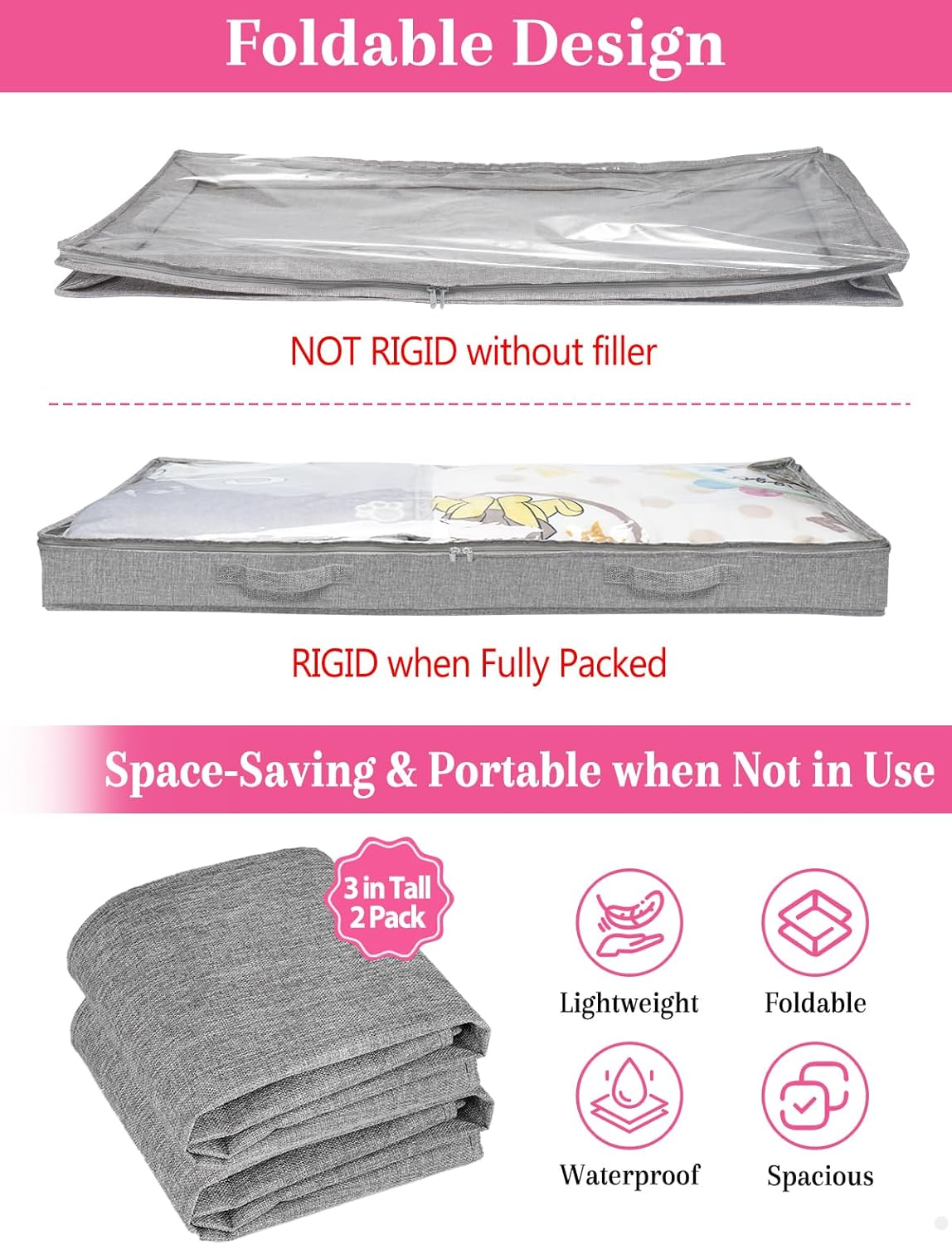 Under Bed Storage Containers by [Brand Name] - Foldable Clothes Organizer with Lid & Zipper | 3-Inch Low Profile, Gray, 2-Pack